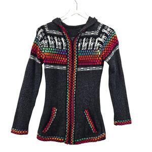 Peruvian Alpaca Blend Full Zip Hooded Cardigan Sweater Womens Small Gray Multi